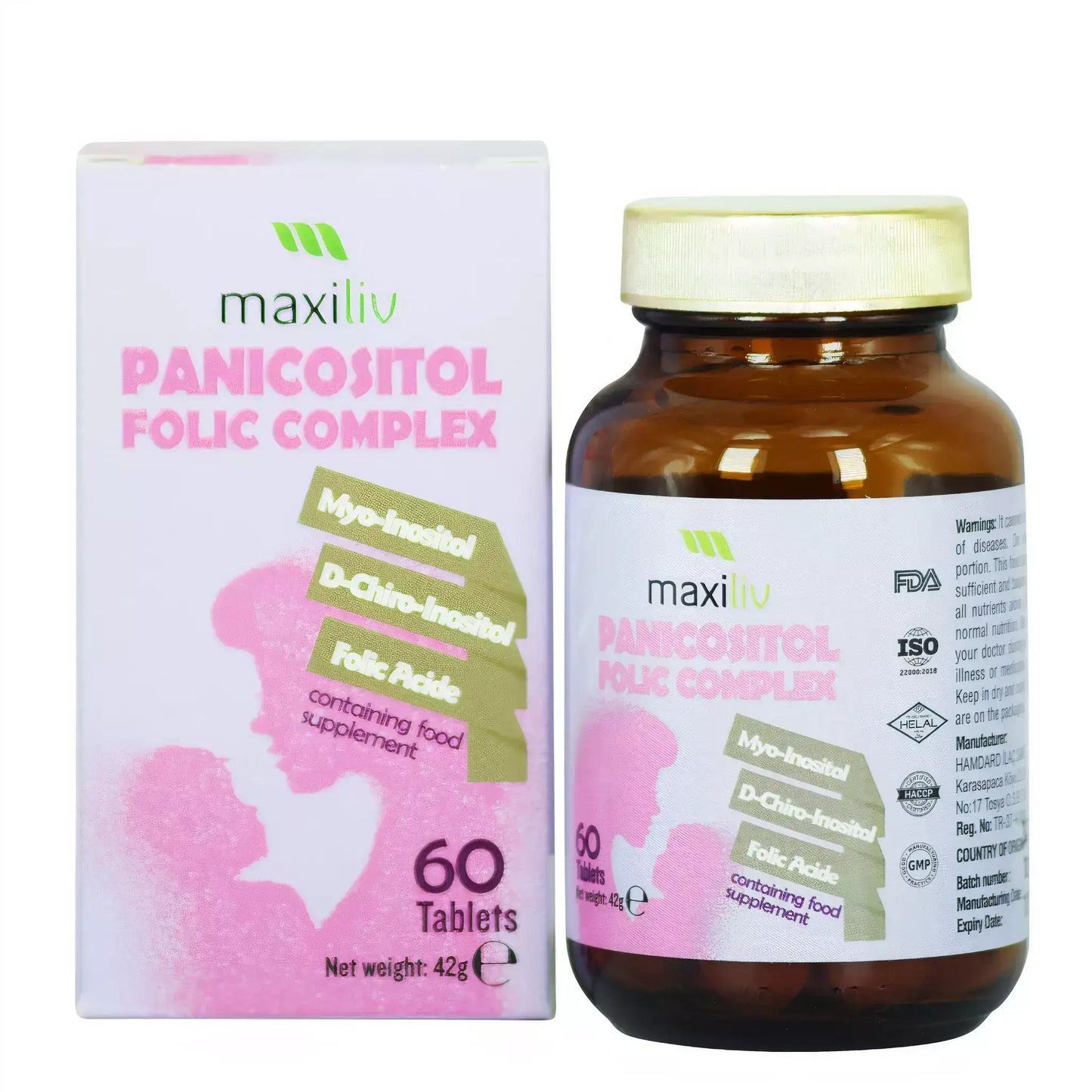 Maxiliv Panicositol Folic Complex hormone support supplement bottle and packaging with Myo-Inositol and D-Chiro Inositol.