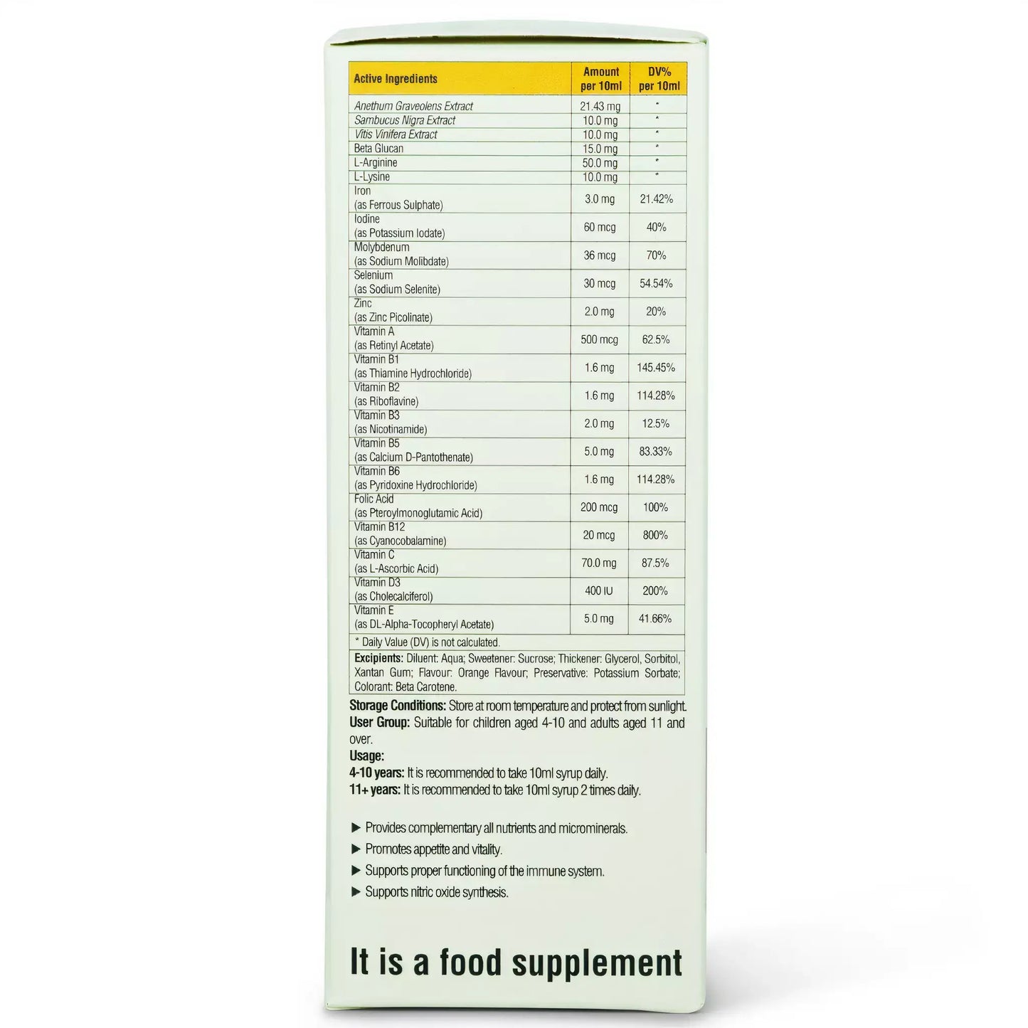 Maxiliv Kids Multivitamin Syrup ingredients list showcasing vitamins and minerals for children's health.