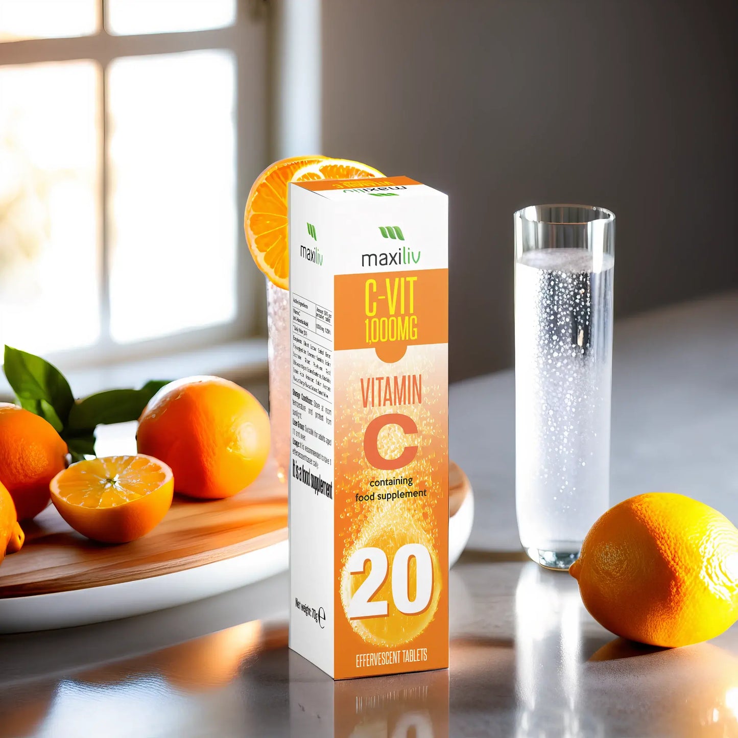 Maxiliv Vitamin C Effervescent tablets with orange and glass of water, promoting immune health.