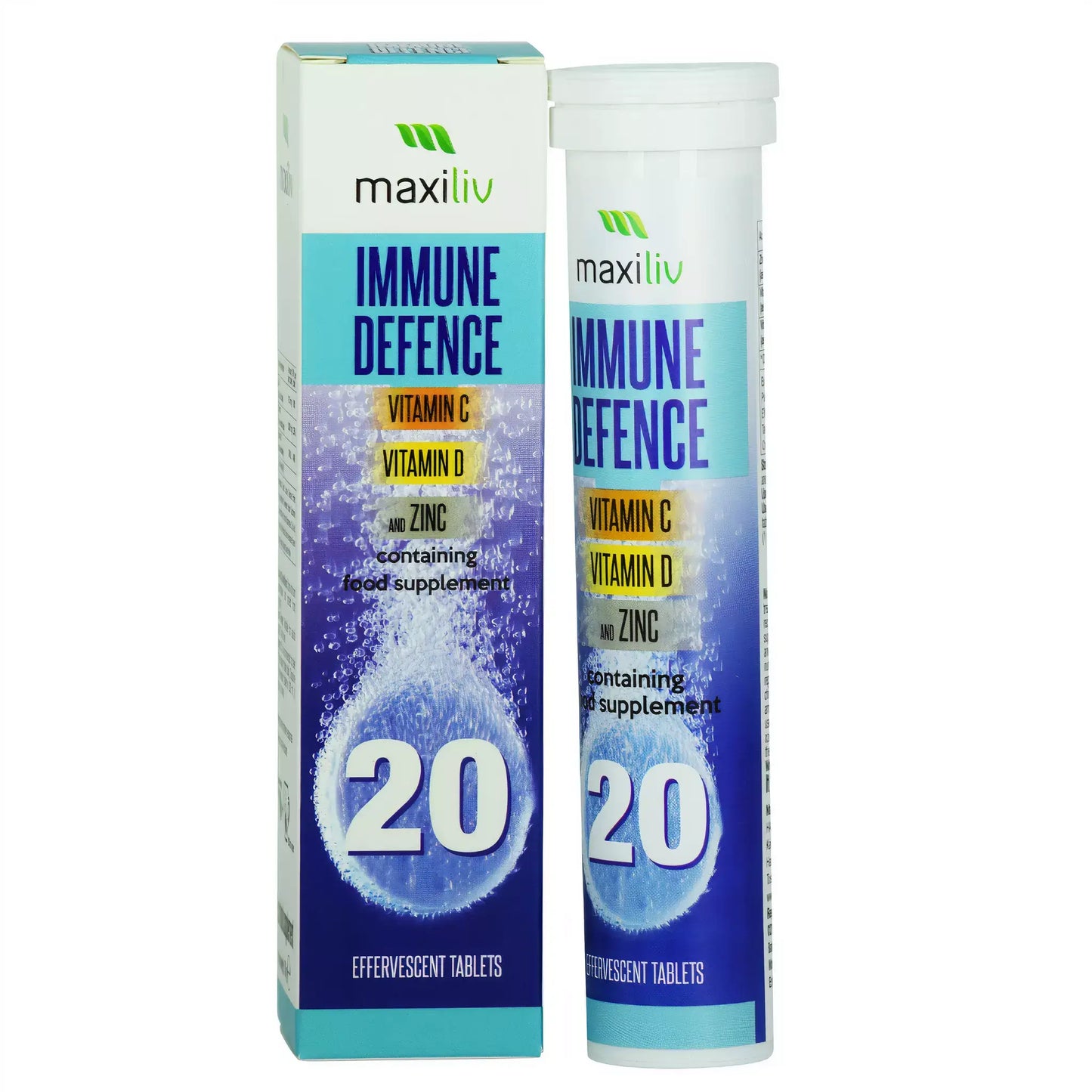 Maxiliv Immune Defence effervescent supplement with Vitamin C, D, and Zinc in packaging and tube.