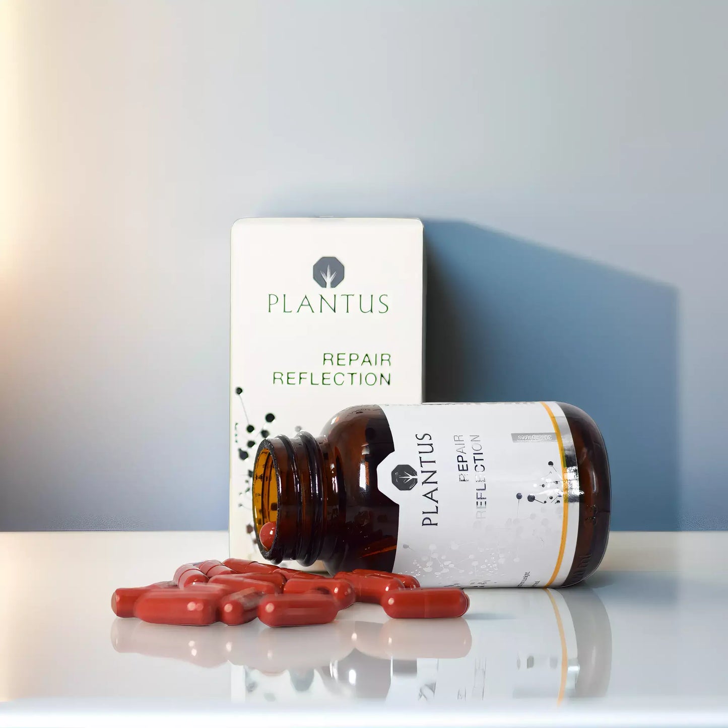 Skincare Capsules - Plantus Repair Reflection Capsules with brown bottle and red capsules on a table.