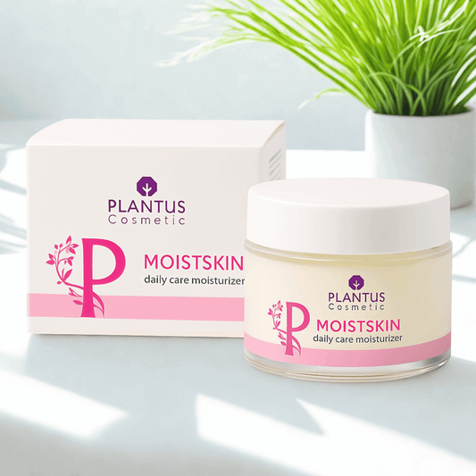 Using Vegan Skincare Products with Plantus Cosmetic MoistSkin daily care moisturizer in a natural setting.