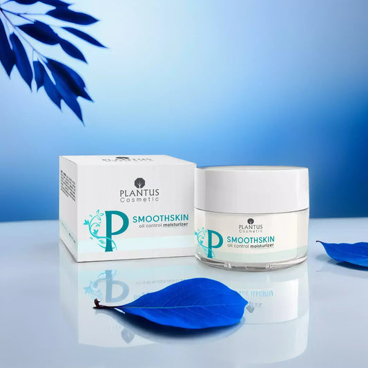 PLANTUS SmoothSkin oil control moisturizer in a white jar with packaging, perfect for combining with supplements and skincare products.