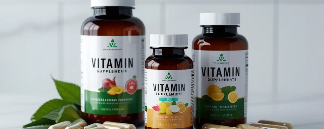 Wellness supplements showcasing vitamin bottles and capsules for immune health support and boosting wellness.