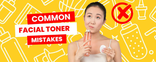 Woman highlighting common Facial Toner mistakes with a bottle and cotton pad on a vibrant background.