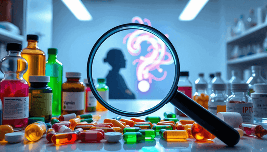 A magnifying glass focusing on various supplements and vitamins, questioning their effectiveness.