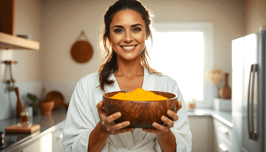 A woman smiling in a kitchen holding a bowl of yellow powder, illustrating secrets to a glowing complexion.