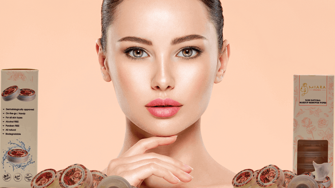 Model showcasing beauty products with the focus on Right Natural Supplements for skincare.