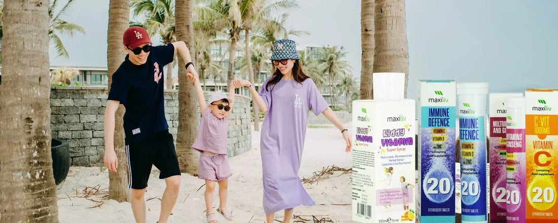 Family enjoying a beach day with immunity supplements UAE in the foreground, promoting winter wellness.