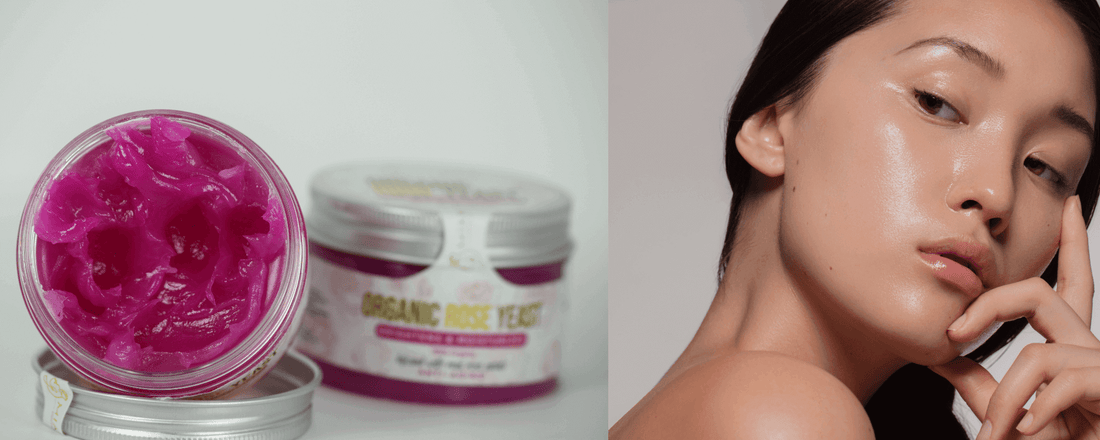Miara Essence Rose Yeast Cream in a jar with a woman's glowing skin, showcasing the cream's reddish-pink tint.