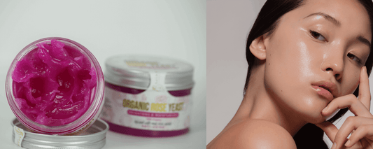 Miara Essence Rose Yeast Cream in a jar with a woman's glowing skin, showcasing the cream's reddish-pink tint.