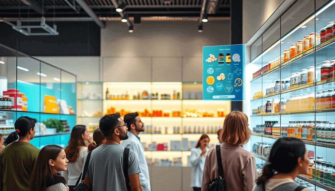 People exploring wellness supplements in the UAE at a health store.