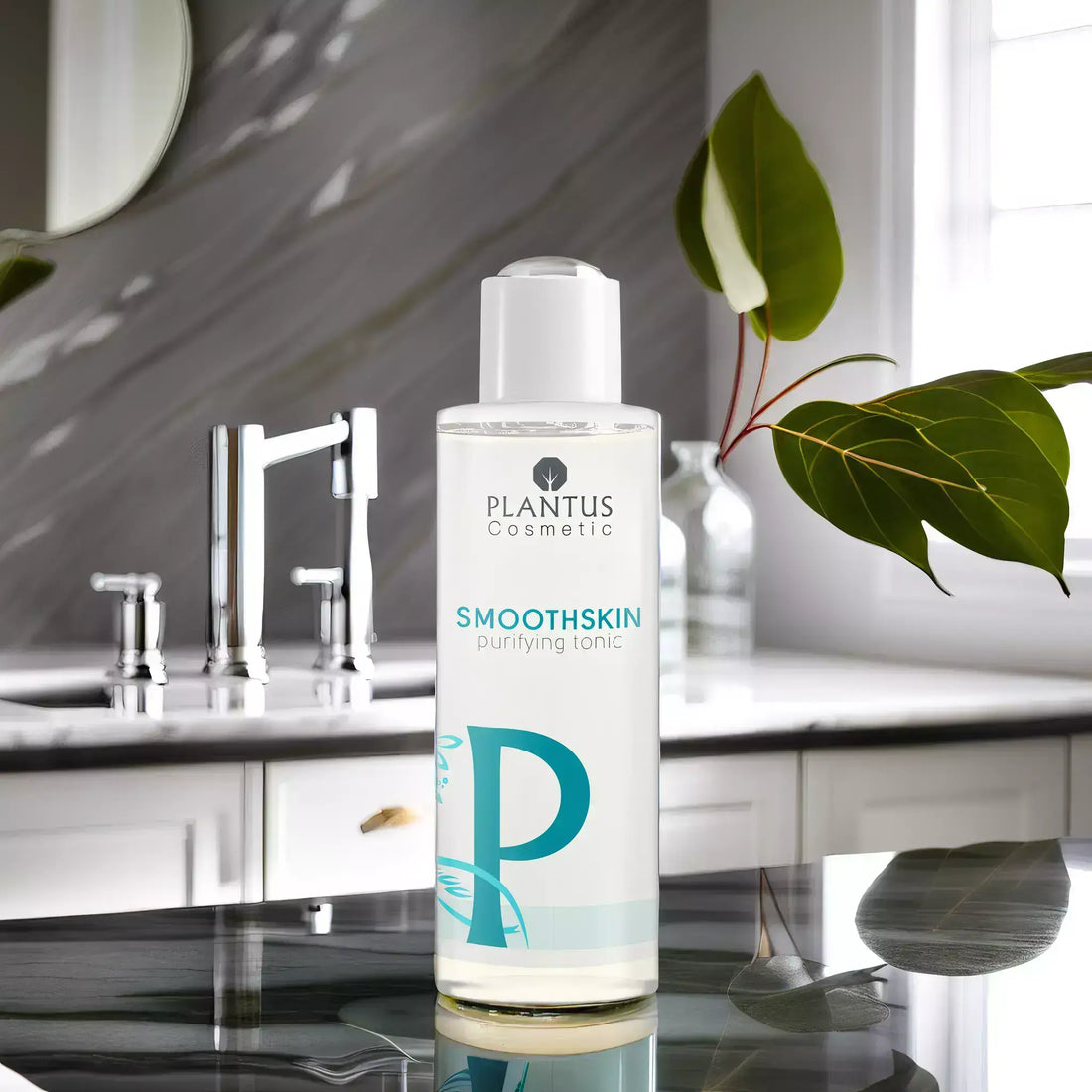 Natural and Organic Facial Toners in Abu Dhabi - Plantus Smoothskin Purifying Tonic on a bathroom counter.