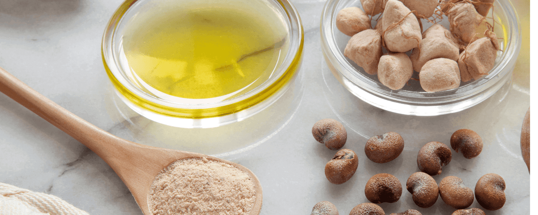 Natural skincare ingredients showcasing why natural skincare smells different with herbal oils and powders.