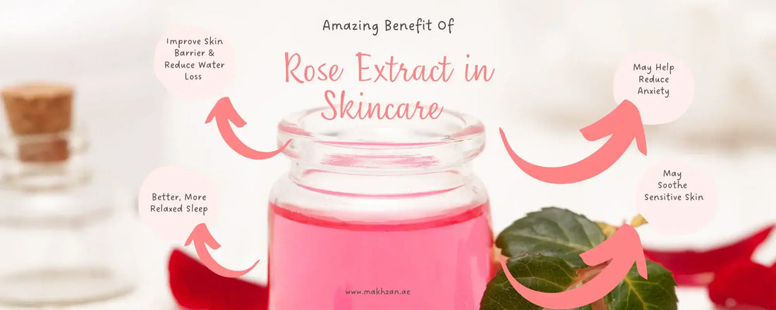 Amazing benefits of Rose Extract in Skincare with pink liquid and rose leaves in a soothing setting.