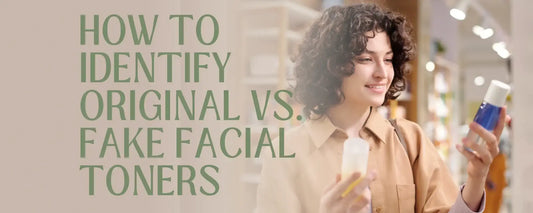 Woman comparing two facial toners while learning about Original vs. Fake Facial Toners.