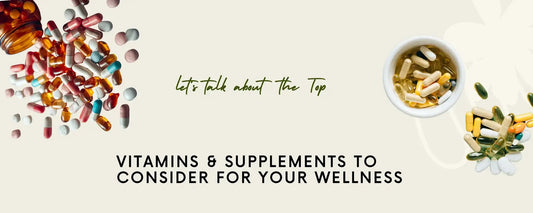 Top Wellness Supplements displayed with various vitamins and capsules on a neutral background.