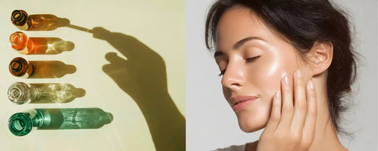 Must Have Winter Serums UAE: collection of serums with a glowing complexion skin model.