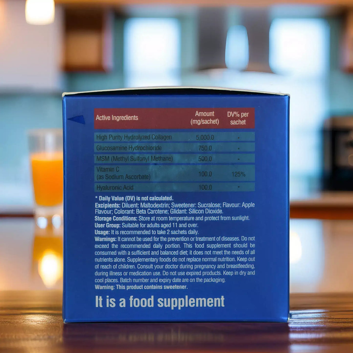 Maxiliv Collagen Max C joint support supplement ingredients list on packaging with nutritional information