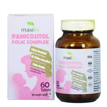 Maxiliv Panicositol Folic Complex hormone support supplement bottle and packaging with Myo-Inositol and D-Chiro Inositol.