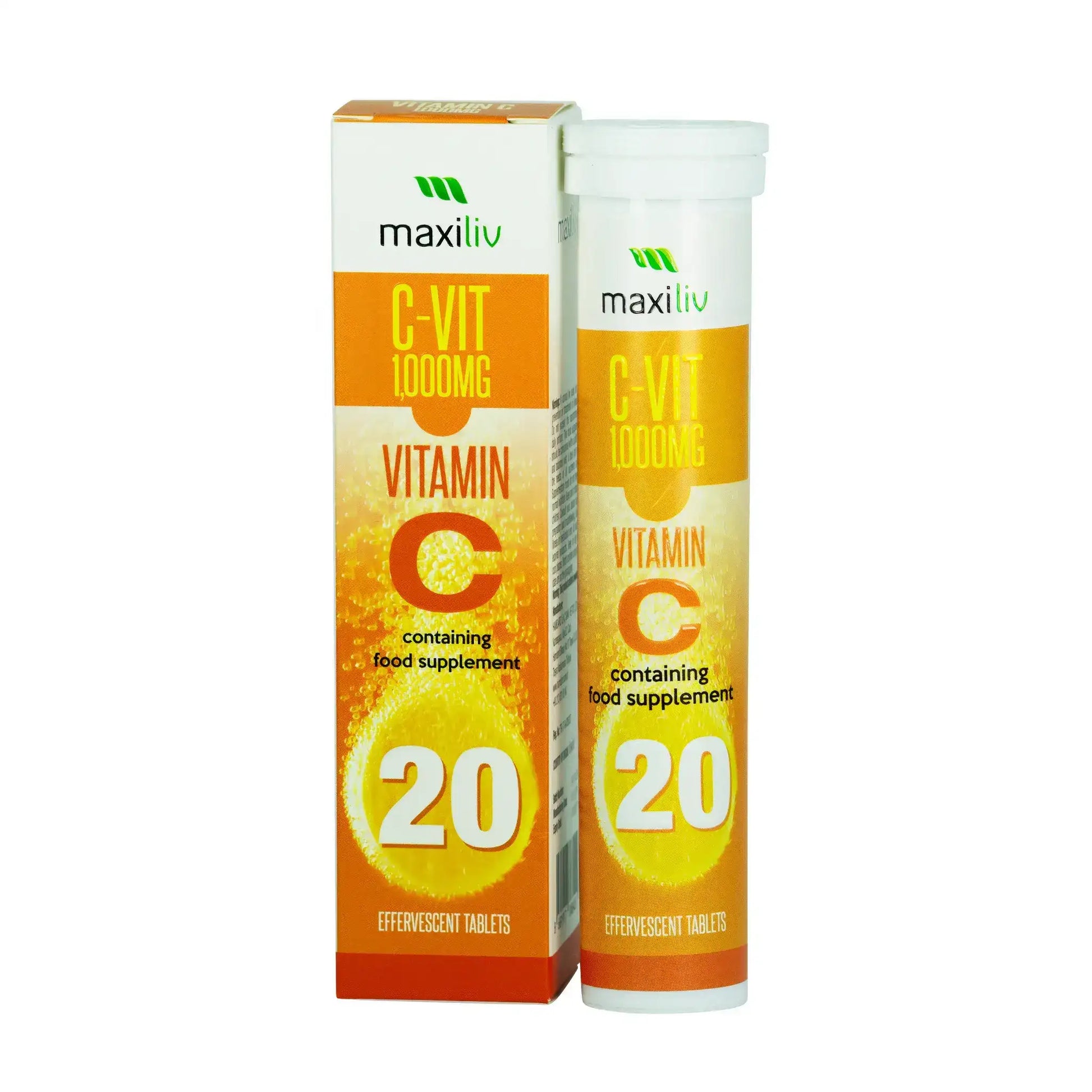 Maxiliv Vitamin C Effervescent tablets in a tube and box for immune support with 1000mg of Vitamin C.