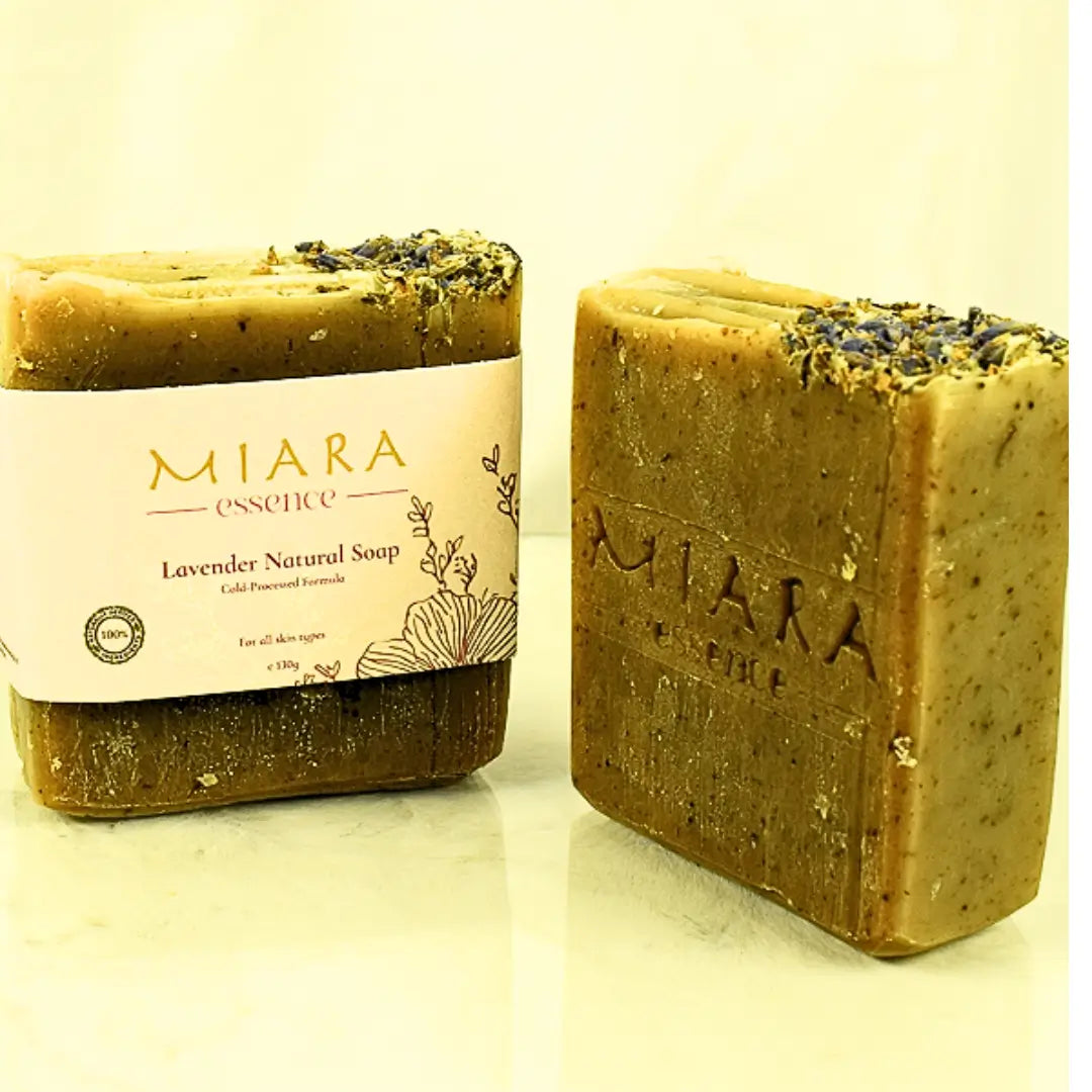 Two bars of MIARA Essence Lavender Natural Soap on a light background