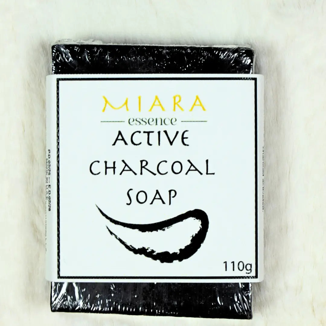 MIARA Essence Active Charcoal Soap. Activated Charcoal Bar Soap packaging on a light background