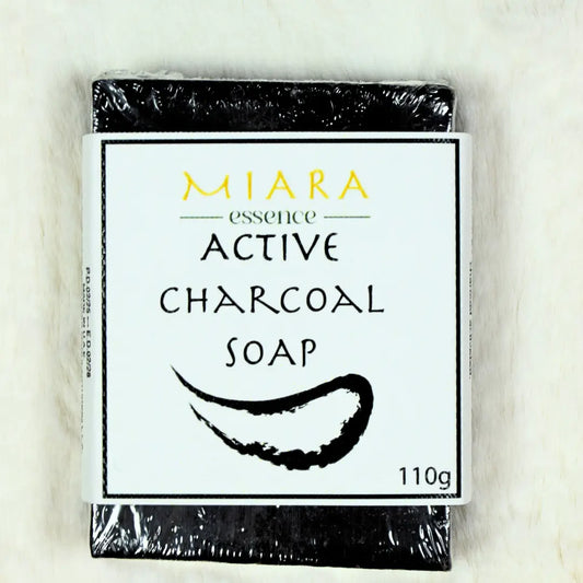 MIARA Essence Active Charcoal Soap. Activated Charcoal Bar Soap packaging on a light background
