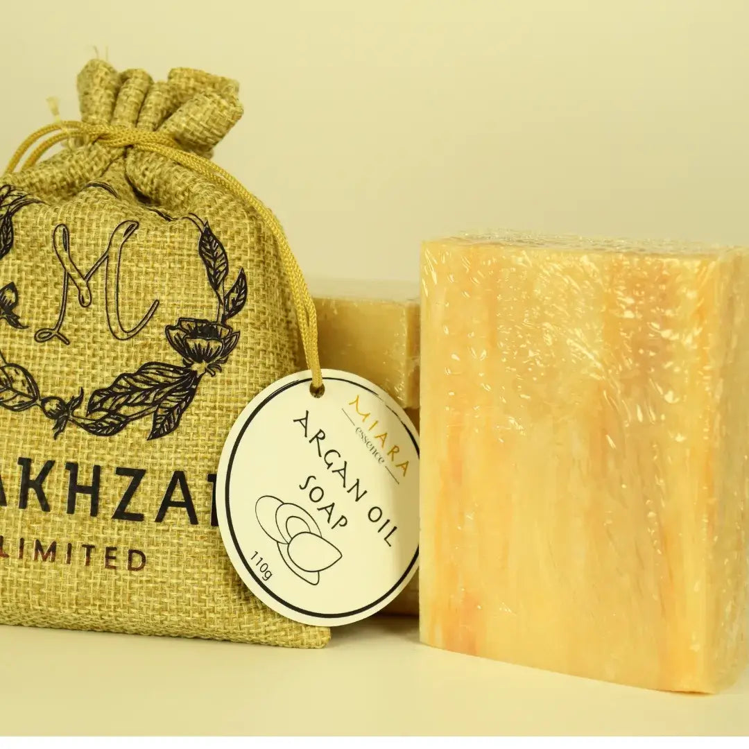 Miara Essence Argan Oil Natural Soap packaging and bar on display for glowing skin.