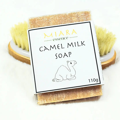 Camel milk soap bar natural UAE with Miara Essence packaging on a white background