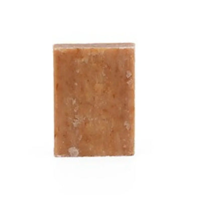 Square bar of brown Miara Essence Saffron soap on a white background