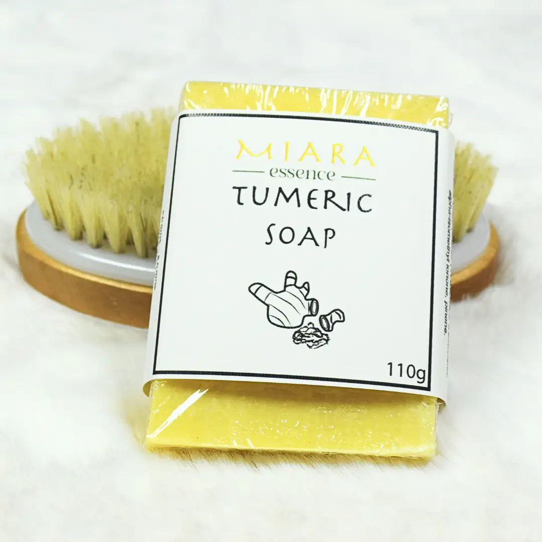 Tumeric soap UAE with packaging labeled 'MIARA Essence' on a white background