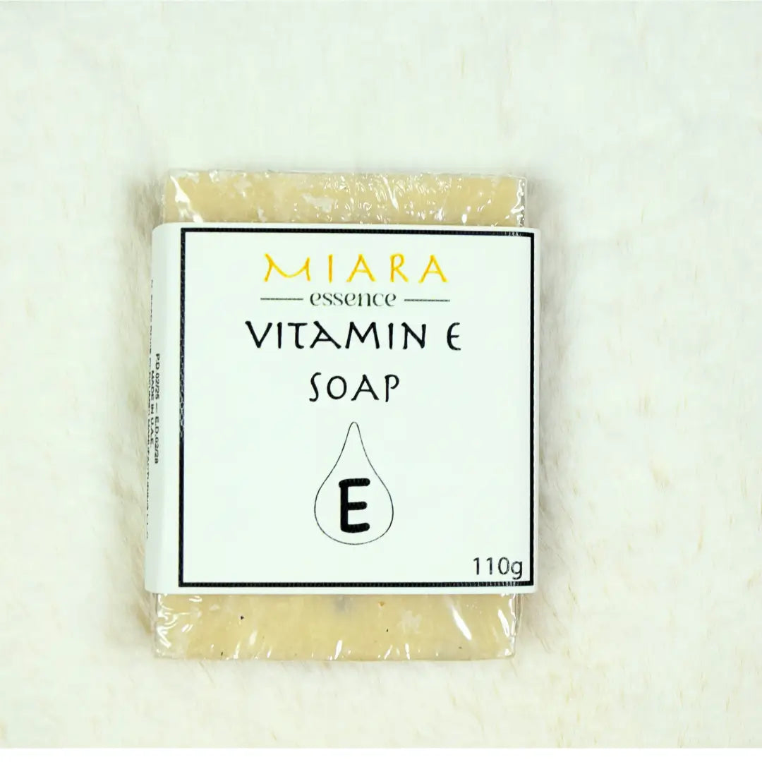 Packaged Vitamin E soap with Miara label on a light background
