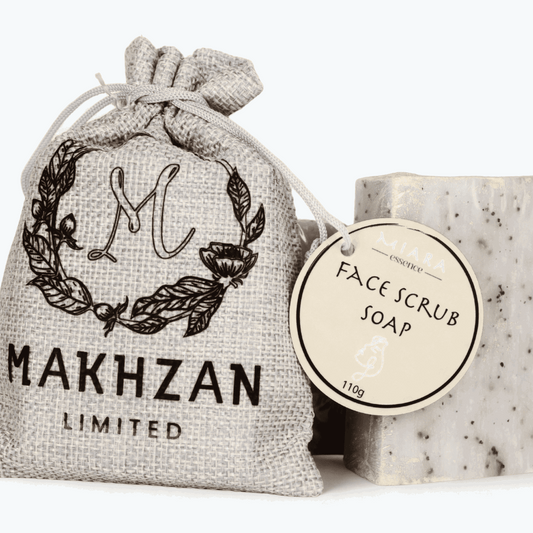 Miara Essence Natural Face scrub soap with a branded bag on a white background