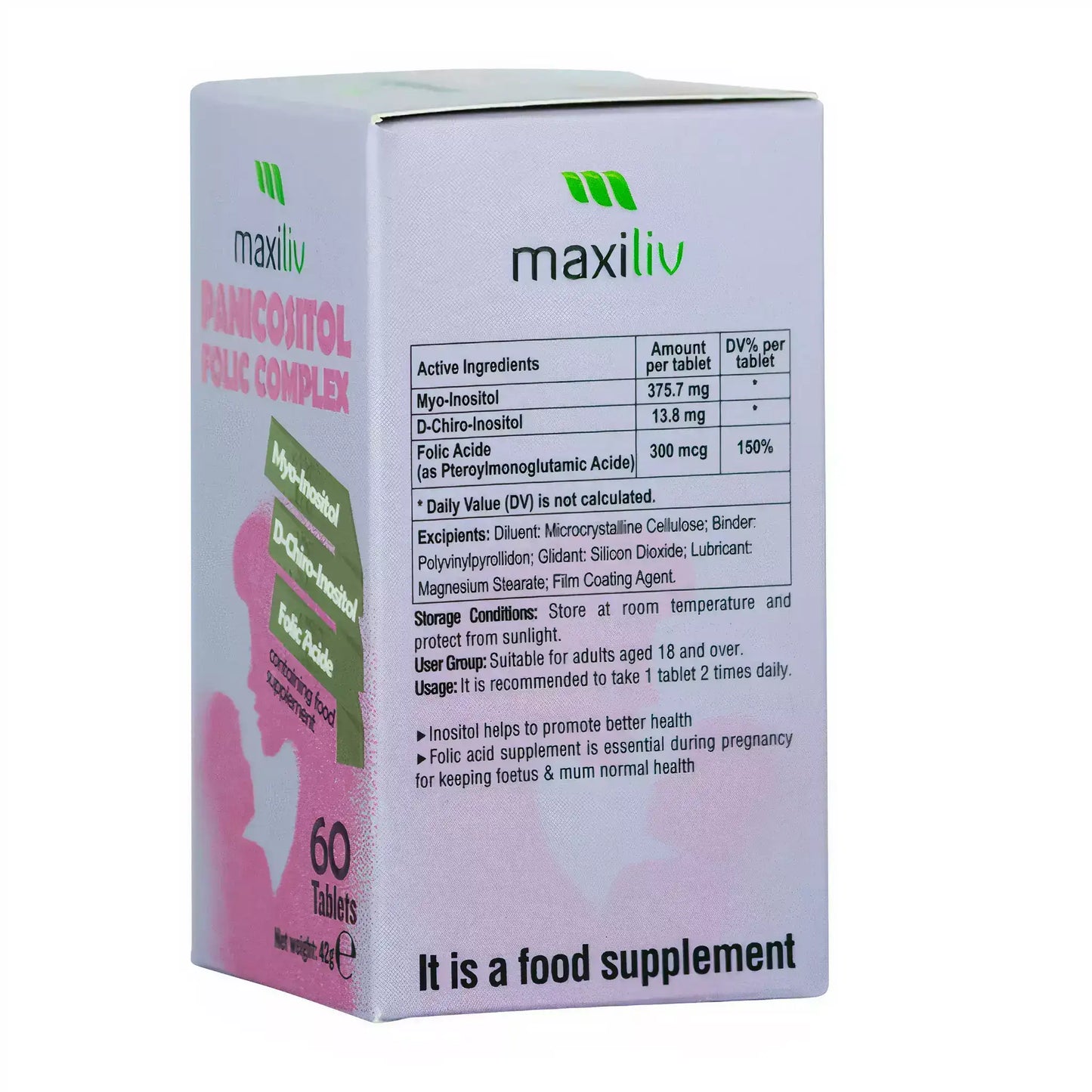 Maxiliv Panicositol Folic Complex - Hormone Support Supplement packaging with ingredient details and dosage instructions.