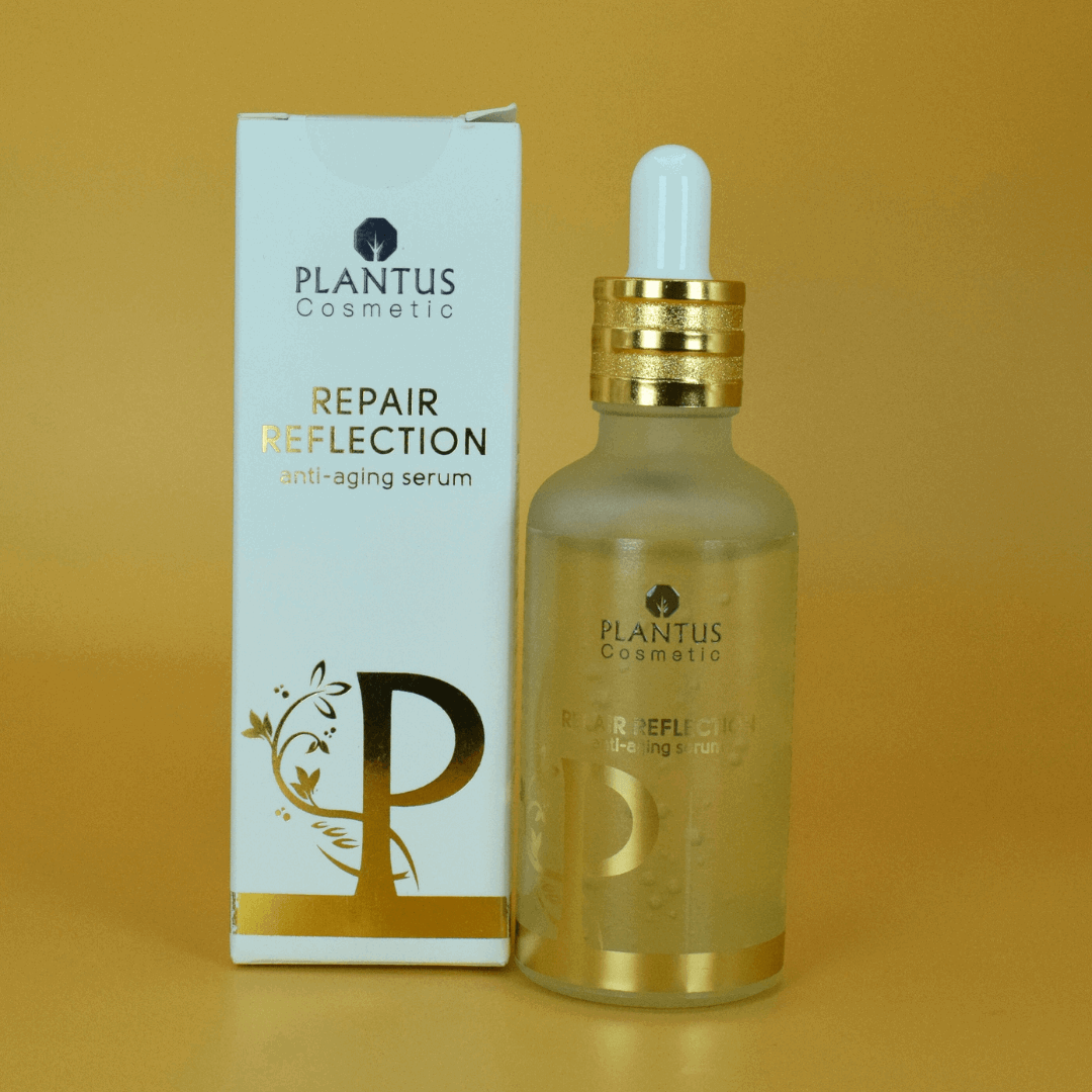 Plantus Cosmetic repair reflection anti-aging serum for fine lines bottle and packaging on a yellow background