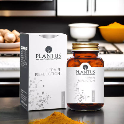 Skincare Capsules - Plantus Repair Reflection Capsules on a kitchen countertop with spices.