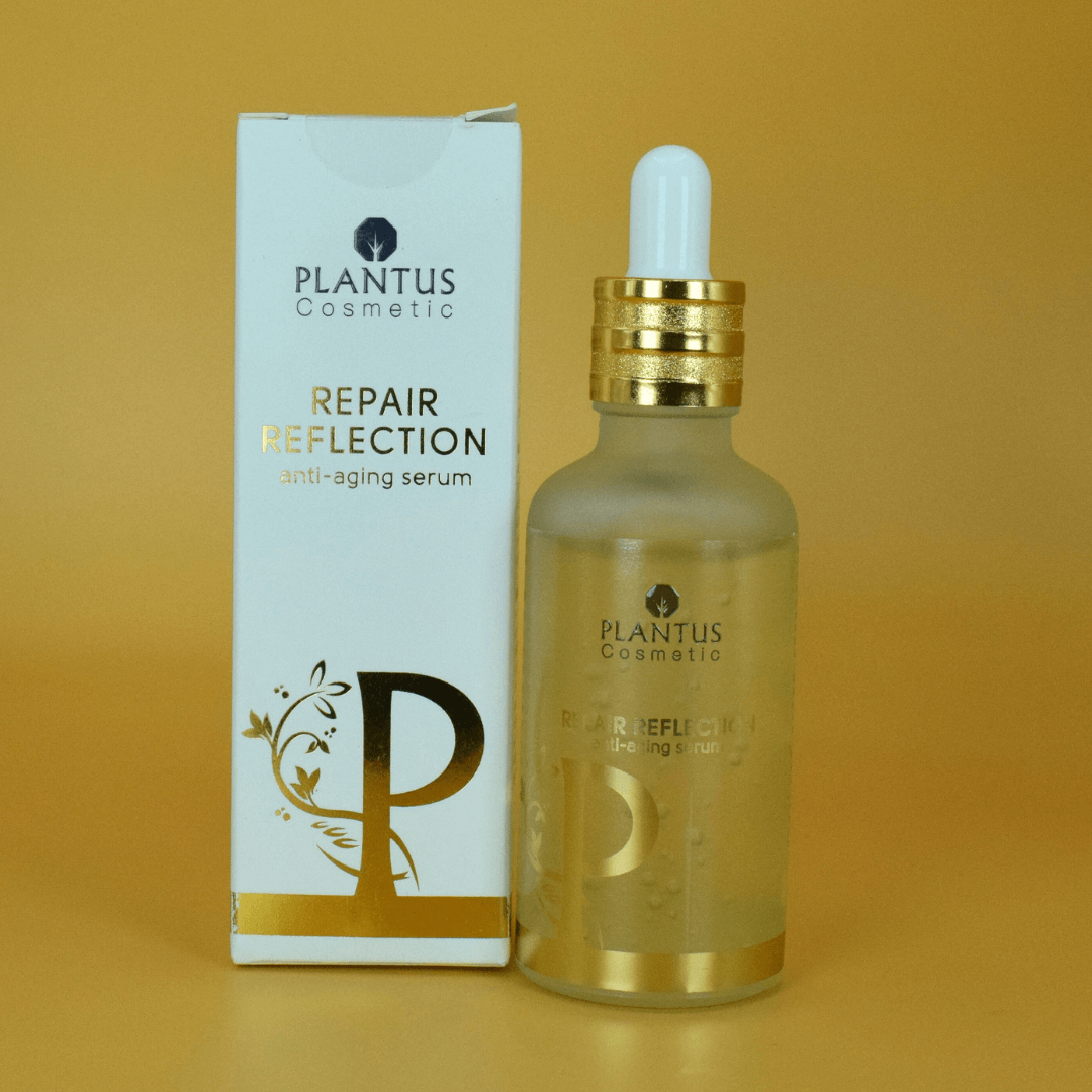Plantus Cosmetic repair reflection anti-aging serum bottle and packaging on a yellow background