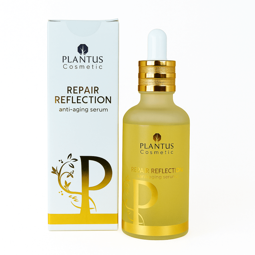 Plantus Repair Reflection Antiaging Serum in frosted glass bottle with gold dropper and packaging on a white background."