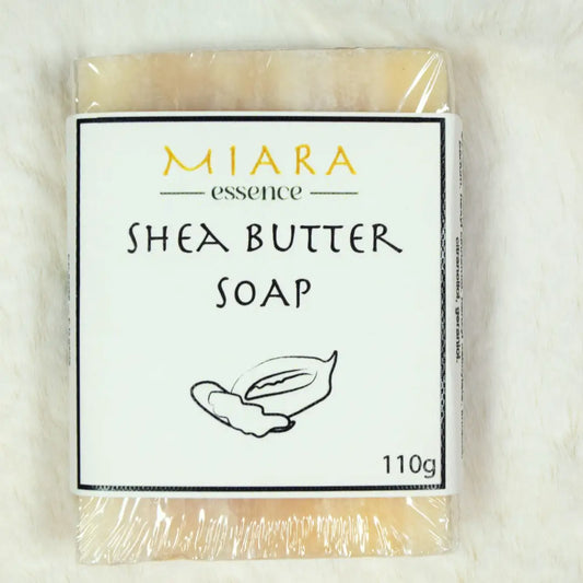 Miara Essence Shea butter soap bar wrapped in clear plastic with a white label on a light background