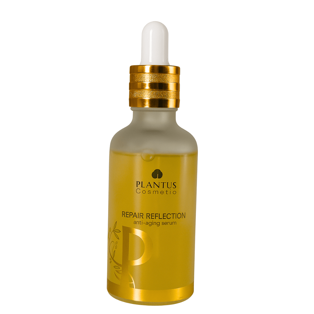 Plantus Cosmetics Repair Reflection anti-aging serum bottle with a golden dropper on a white background