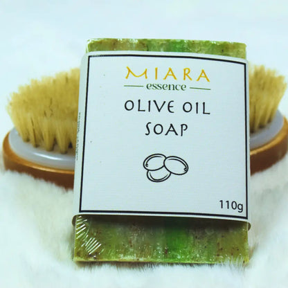 Olive oil soap with a Miara Essence label on a white background